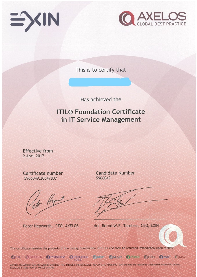 ITILファンデーションの合格証書